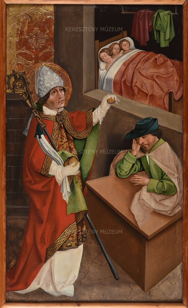 Szent Miklós és a szegény nemes három lánya, a hátoldalon Szent Balázs és Szent Dénes 